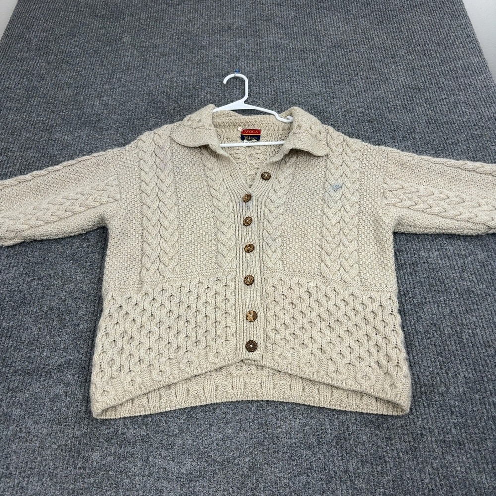 Avoca Cardigan Sweater‎ Womens M Beige Merino Wool Cable Knit Button Up Vintage